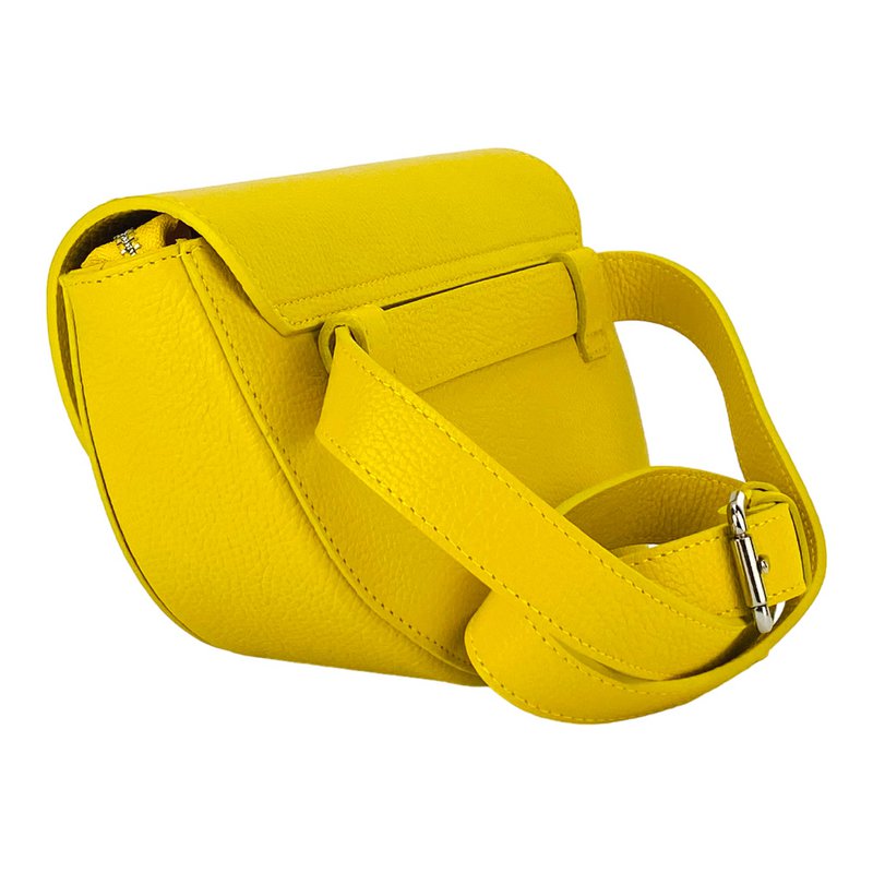 RB1027R | Runde Damen-Umhängetasche aus echtem Leder, hergestellt in Italien. Abnehmbarer und verstellbarer Schultergurt aus Leder. Zubehör aus poliertem Nickel – gelbe Farbe – Maße: 25 x 15 x 9 cm