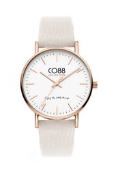 A 36mm watch with a coconut milk-colored leather strap and a rose gold-colored case. The watch face features a simple, minimalist design with the CO88 logo.