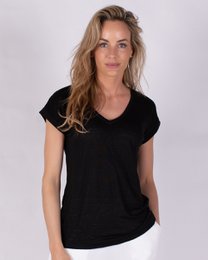 Black linen women's t-shirt with short sleeves and V-neck - ATHENE. Available in sizes XL, L, M, S, XS.
