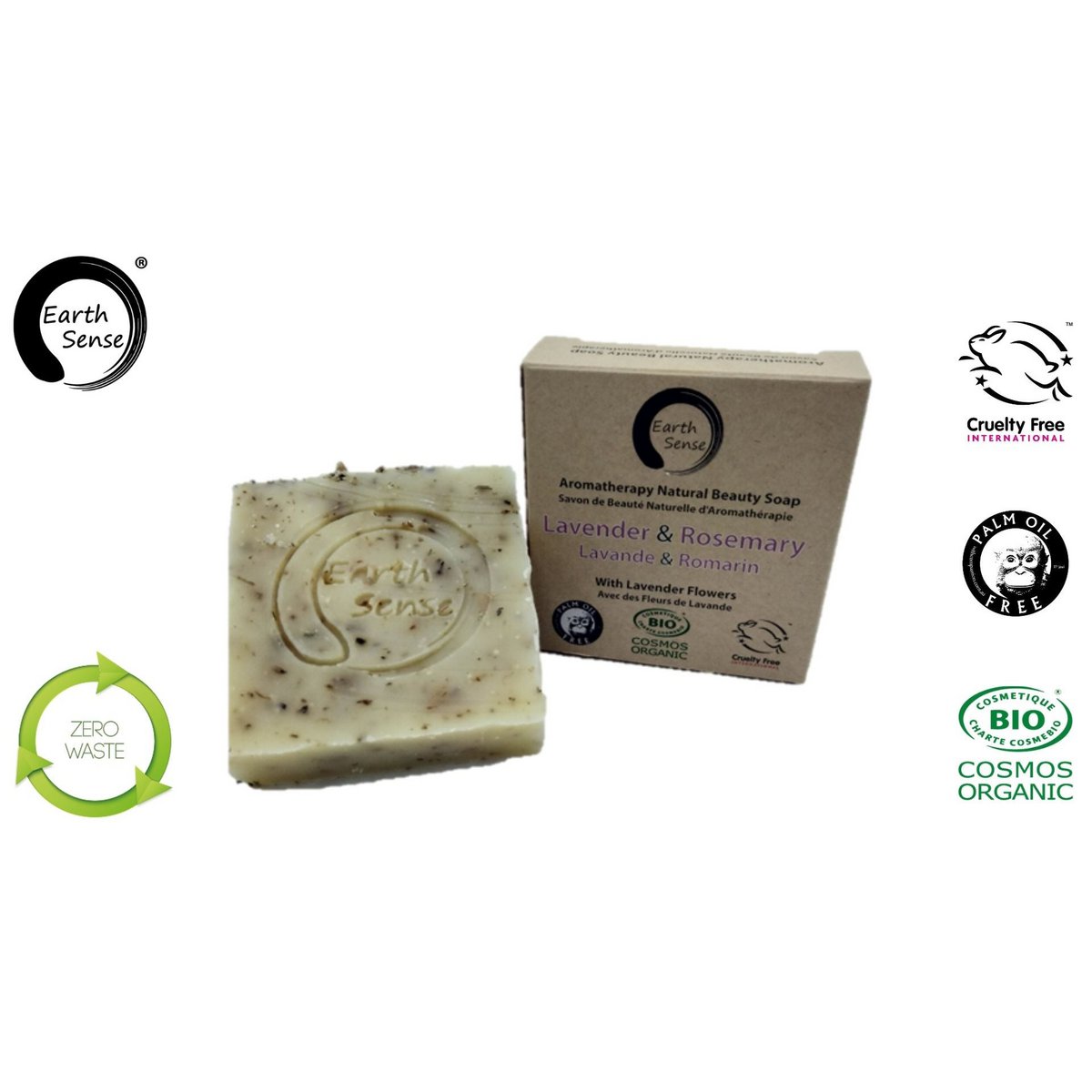 Organic Certified Solid Soap - Lavender & Rosemary with Lavender flowers 90g