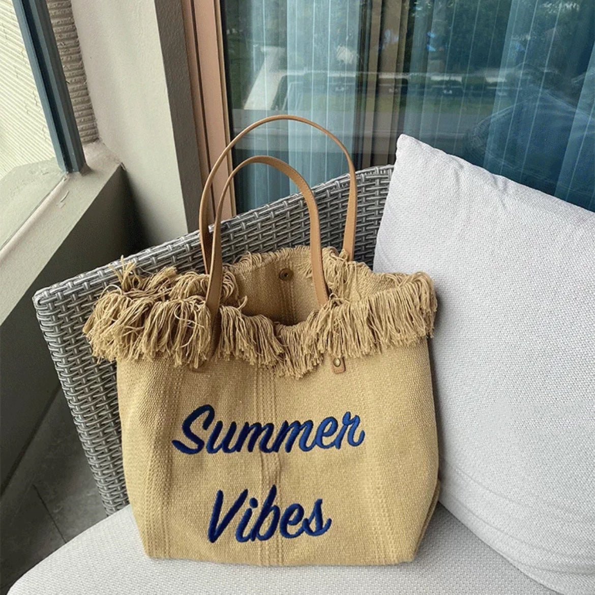 Sac fourre-tout en toile grande capacité avec lettres brodées, sac à main pour femme, sac de plage tissé, sac à bandoulière