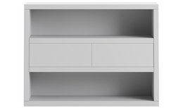 A modern, minimalist Nordic-style side table with 2 drawers and open shelves, available in white, whitewashed oak, and natural oak finishes.