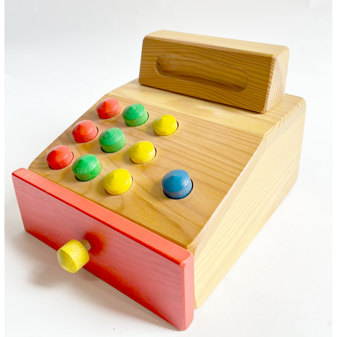Caja registradora de juguete de madera.