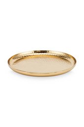 A round, gold-colored metal serving platter measuring 22cm in diameter. The platter has a hammered texture and a raised edge, giving it a rustic, elegant appearance suitable for serving food or displaying decorative items.
