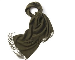 Olive green lambswool scarf with woven plain design and long fringe trim.