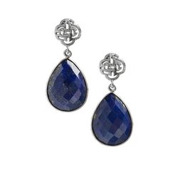 Silver logo stud earrings with a teardrop-shaped lapis lazuli pendant. The earrings feature a Celtic knot design in the stud.