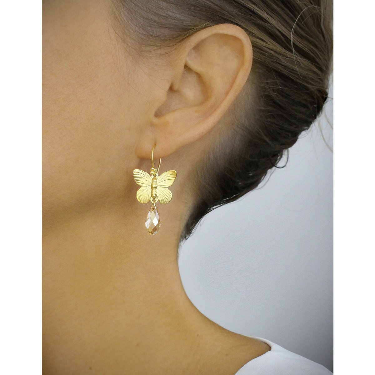 18K gold plated butterfly earrings with Golden Shadow drops