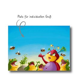 Colorful postcard with a happy birthday message and whimsical animal characters, including a lion, bees, and other wildlife in a natural setting.