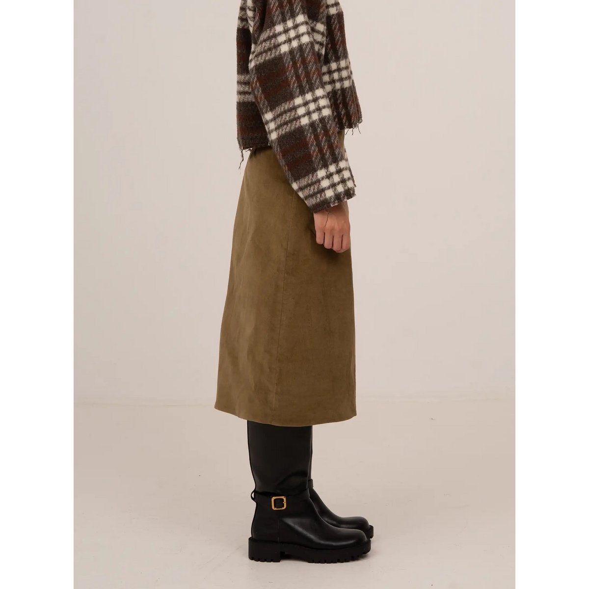 Pace Khaki Velvet Midi Skirt