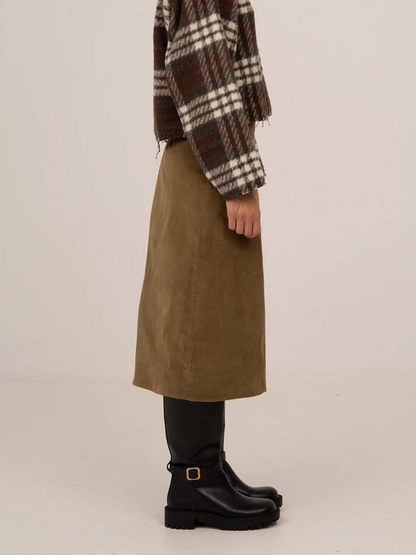 Pace Khaki Velvet Midi Skirt