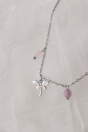 Dragonfly Rose Quartz Flower & Kunzite Halskæde - Sølv