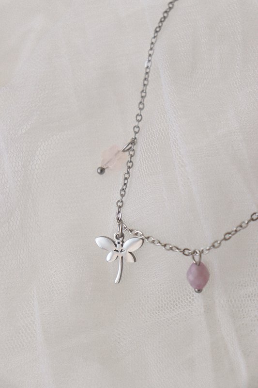 Dragonfly Rose Quartz Flower & Kunzite Halskæde - Sølv
