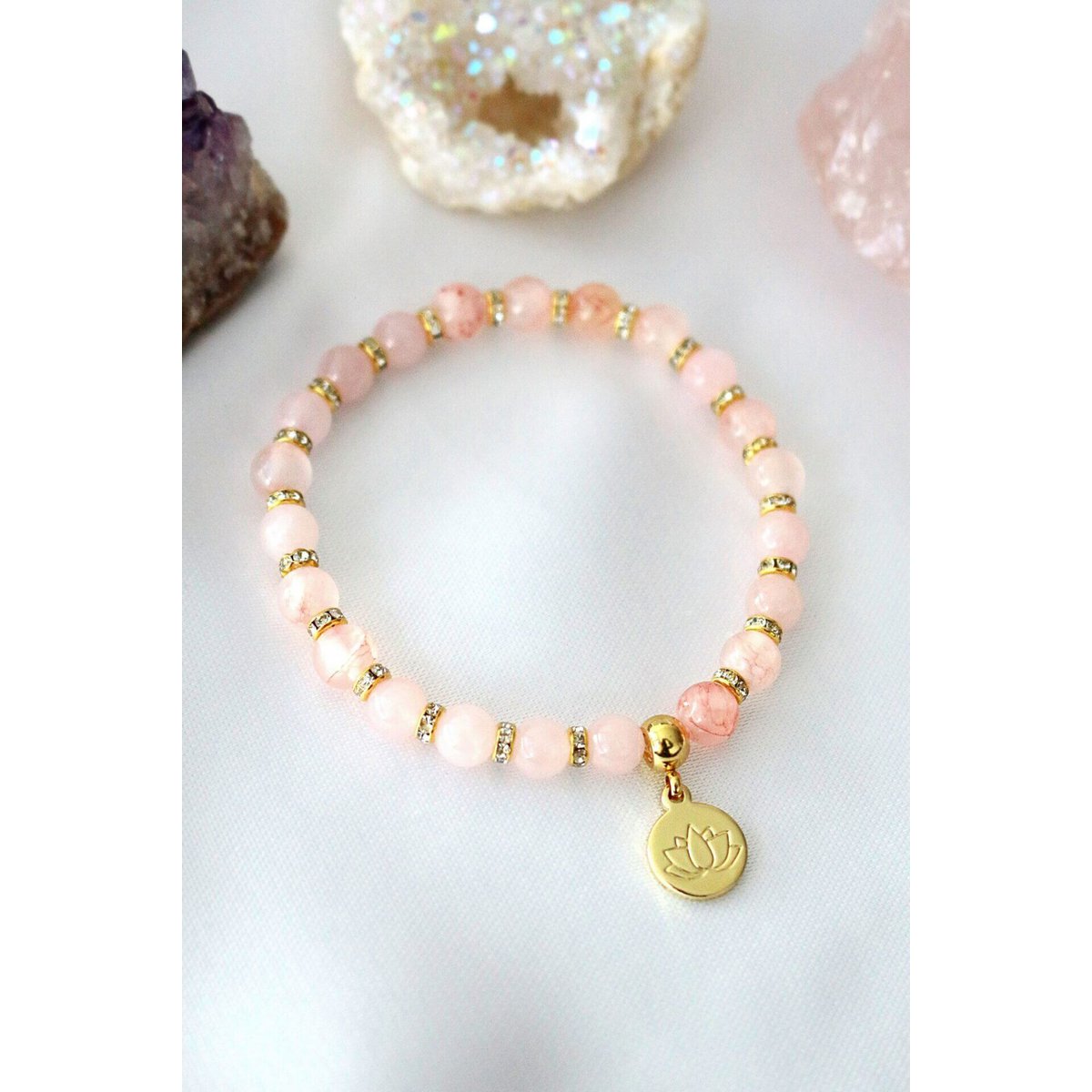 "Peace & Love" Rose Quartz - Amethyst Elastic Bracelet | 24K Lotus Flower Charm