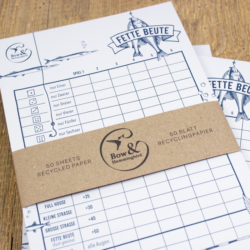 Play block "fat prey" dice game from recycled paper