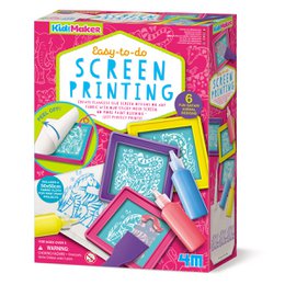 "Screen printing arts and crafts kit with tools for creating colorful designs on screens."