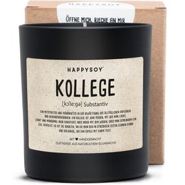  Scented candle with a warm, cozy fragrance. Made of soy wax with a wooden wick. Cylindrical shape with a black label featuring the word "Kollege".
