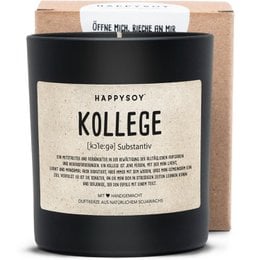 Scented candle with a warm, cozy fragrance. Made of soy wax with a wooden wick. Cylindrical shape with a black label featuring the word "Kollege".