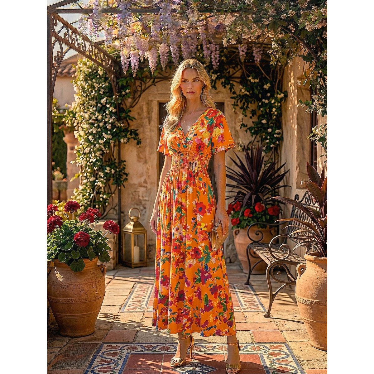 Sukienka maxi „Solar Garden” – kopertowy krój i marszczona wysoka talia – 610-9