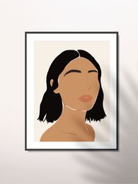 A minimalist portrait of a woman with long dark hair and a serene expression. The image has a simple, abstract style with clean lines and a neutral color palette.