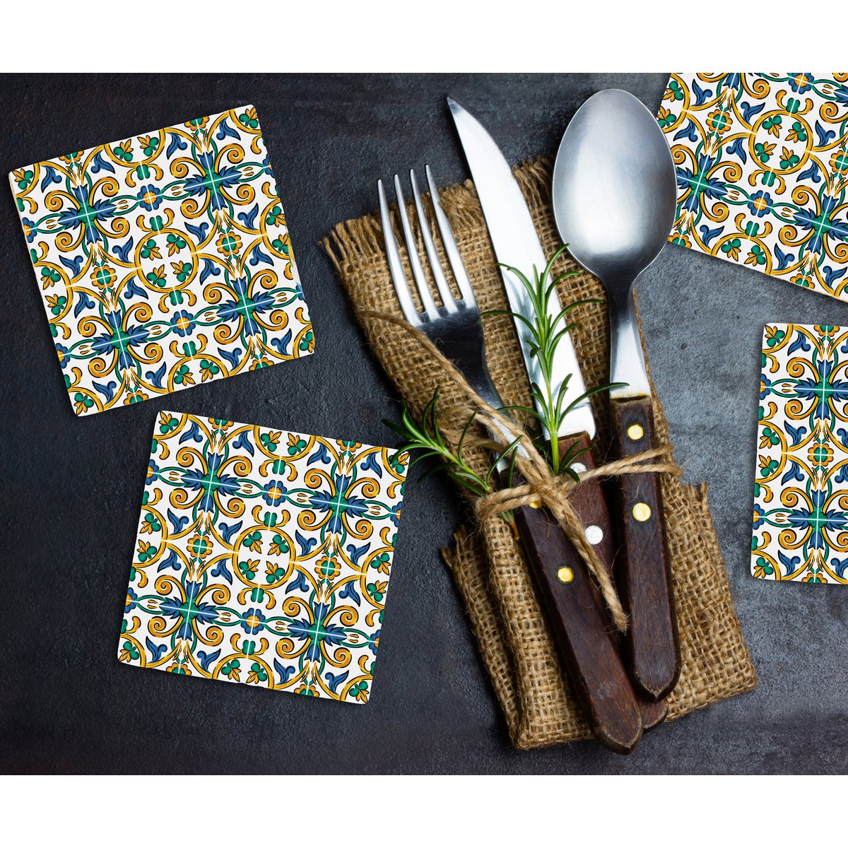 Steinuntersetzer-Set - Blaue und Grüne Ornamente