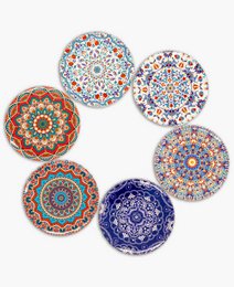 Decorative round coasters featuring a Moroccan-inspired Marrakech design with intricate patterns and vibrant colors.