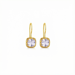 Amethyst drop earrings with gold-tone metal setting.