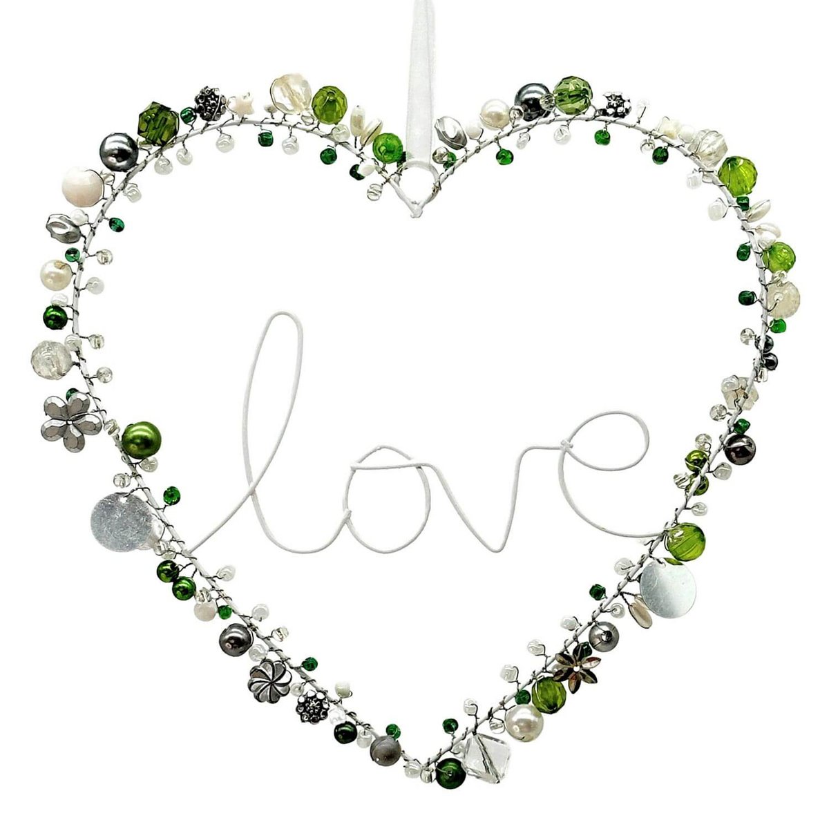 Corazón de cuentas 17x17cm, inscripción "Love", verde/blanco