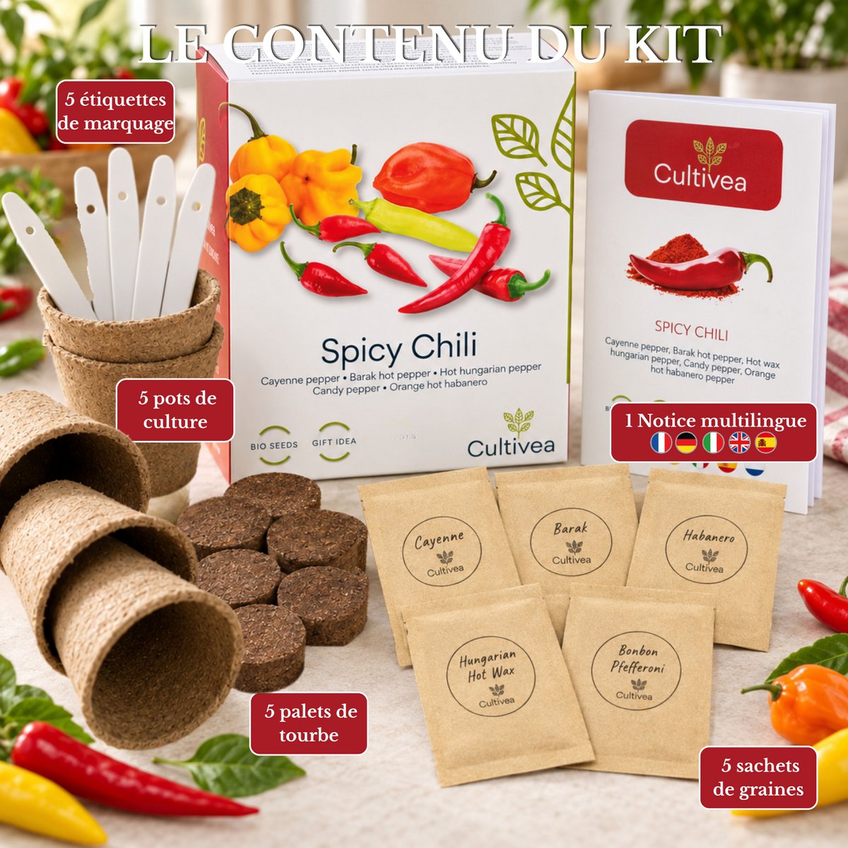 CULTIVEA® Kit de Ají Orgánico para Plantar - Caja de Semillas de Chile con Chile Habanero, Naranja, Cayena, Barak, Húngaro y Candy - Kit Completo de Semillas Vegetales - Idea de Regalo