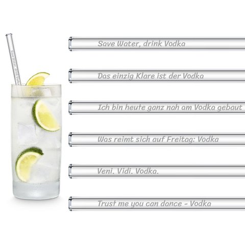 Vodka Edition Glastrinkhalme mit lustigen Wodka Sprüchen 15cm, 20cm, 23cm