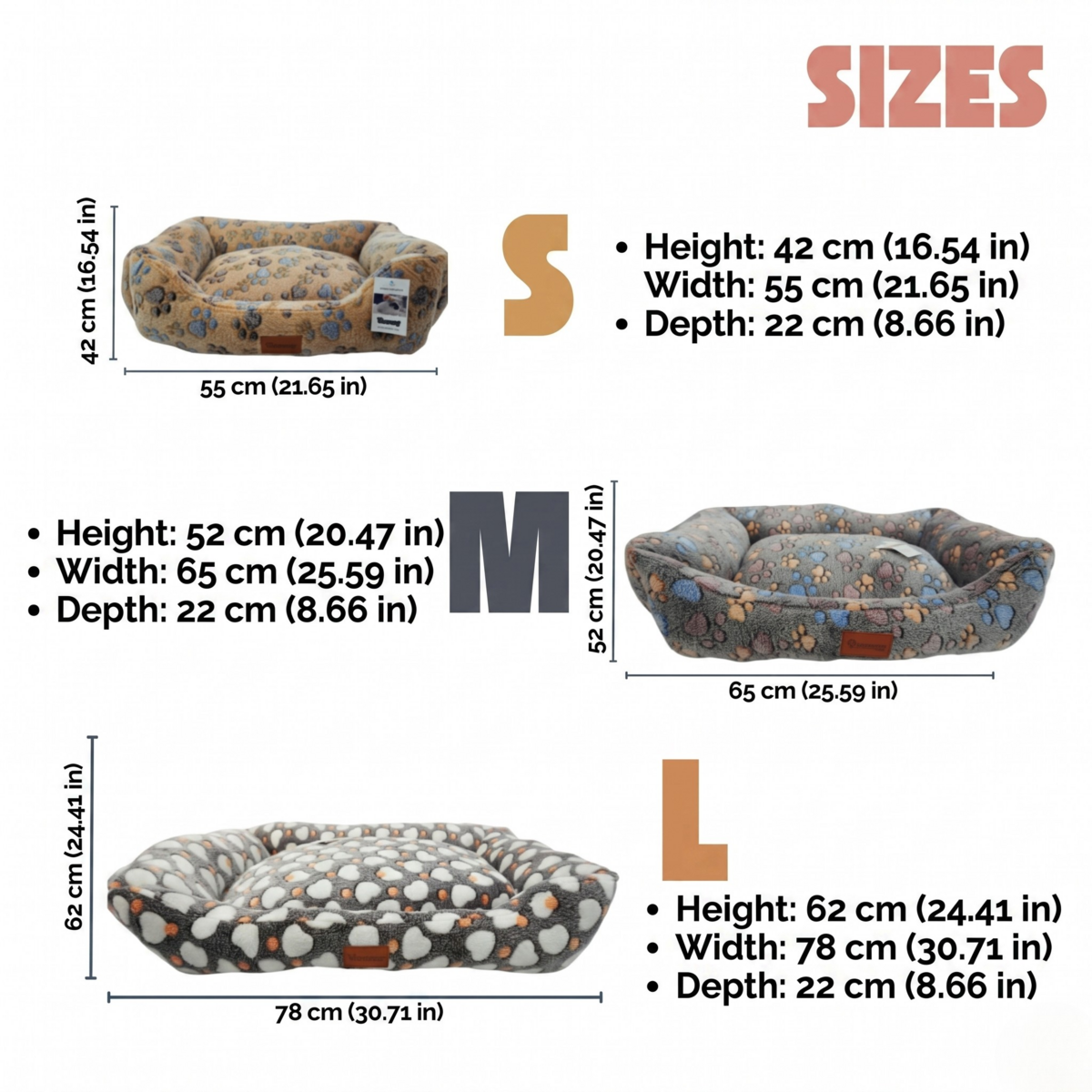 Yommy Dog Bed with Paw Print or Heart Design | Soft Flannel Fabric | Non-Slip Base | 3 Sizes: S (16.5×21.5 in), M (20.5×25.5 in), L (24.5×30.5 in) | 3 Colors