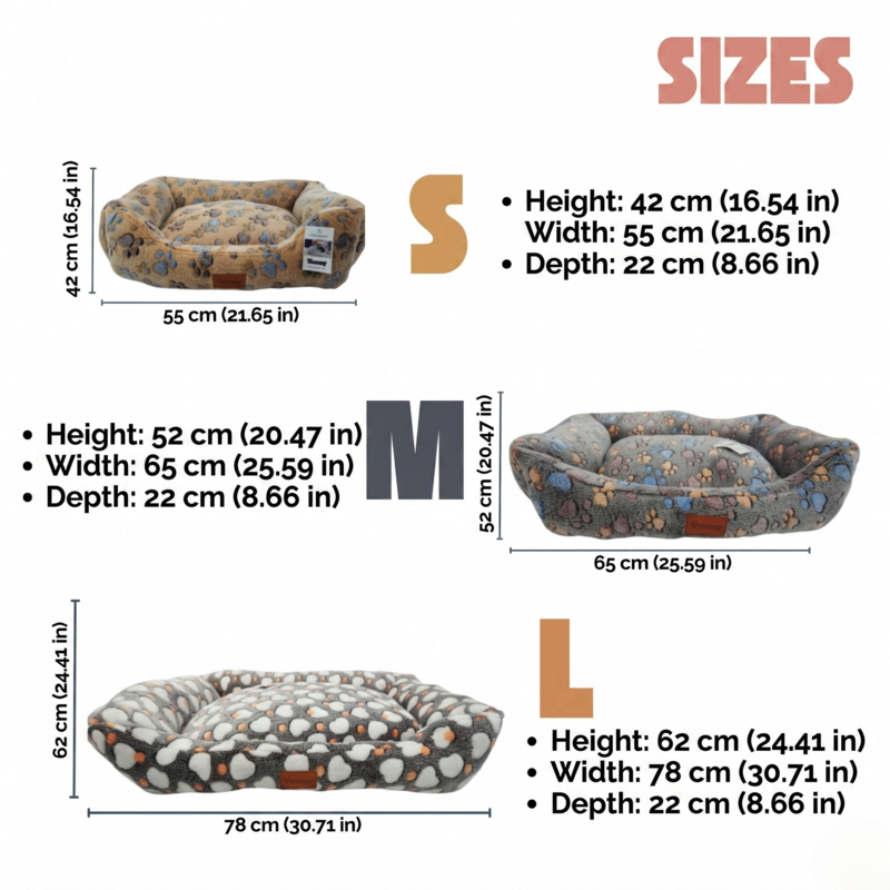 Yommy hundeseng med potetryk eller hjertedesign | Blødt flannelstof | Skridsikker base | 3 størrelser: S (16,5×21,5 tommer), M (20,5×25,5 tommer), L (24,5×30,5 tommer) | 3 farver