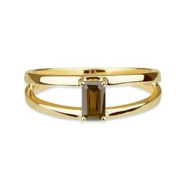 The Imaginative Stress Relief Ring is a statement ring featuring a rectangular-cut gemstone in a gold-tone setting. The ring has a modern, minimalist design that can be worn as a fashion accessory or for stress relief.