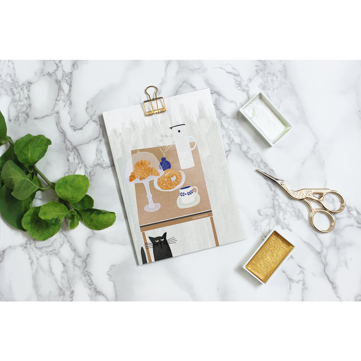 Postkarte 'Kaffee und Croissants'