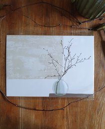 Minimalist poster featuring a simple branch in a glass vase against a neutral background. Sustainable art print on recycled paper.