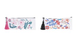  Colorful floral pencil case with tassel zipper pull. Made of polyester material. Suitable for storing pens, pencils, and other small items.