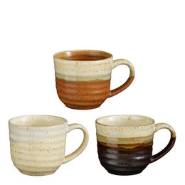  A set of 3 ceramic mugs in earthy tones of brown, orange, and white. The mugs have a rustic, handcrafted appearance with a textured glaze finish. The shapes are rounded with a comfortable handle, suitable for holding hot beverages.