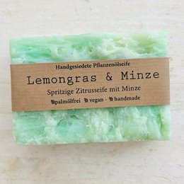 Handcrafted lemongrass and mint soap bar, vegan and natural ingredients, rectangular shape.
