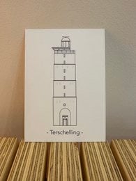 Postcard featuring a simple line drawing of the Brandaris lighthouse on the island of Terschelling.