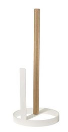 Wooden paper towel holder with a round white base. Tall cylindrical shape in natural wood tone.