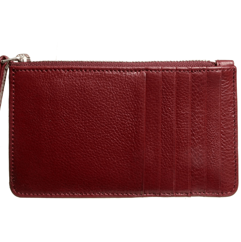 Portafoglio 5 carte di credito in pelle martellata con cerniera bordeaux