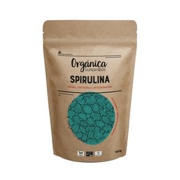 Organic spirulina powder, 150g. Green superfood powder with nutritional information.