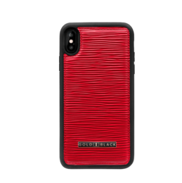 Red leather iPhone XS Max case with embossed UNICO design, made of high-quality leather material.