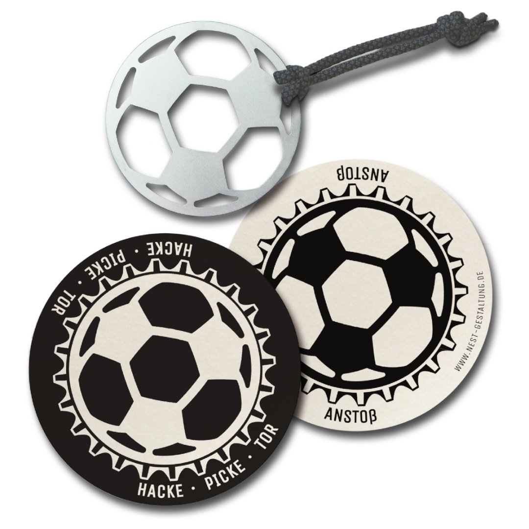 Bottle opener made of stainless steel · motif soccer · with cotton cord + 2 beer mats