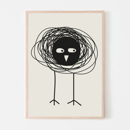 A black and white illustration of a bird with a nest-like design around it, printed on a light-colored background. The bird has a simple, minimalist style with a distinctive shape and pattern.