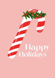Festive candy cane-shaped Christmas card with holly and text "Happy Holidays" on a pink background.