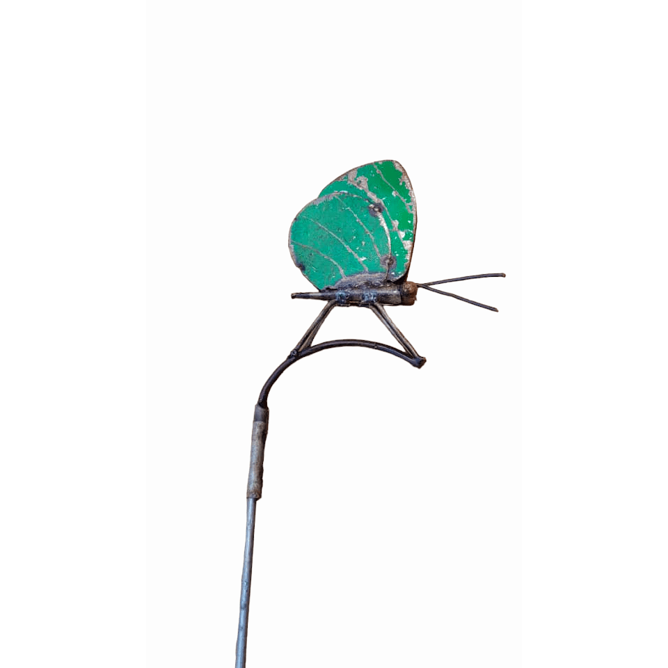 PAPILLON VERT MÉTAL SUR BÂTON