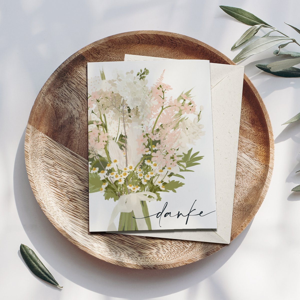 Folding card 'thank you' with a pink bouquet of flowers, including envelope