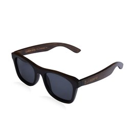 Bamboo sunglasses with a dark brown frame and dark lenses. The sunglasses have a rectangular shape and a sleek, modern design.