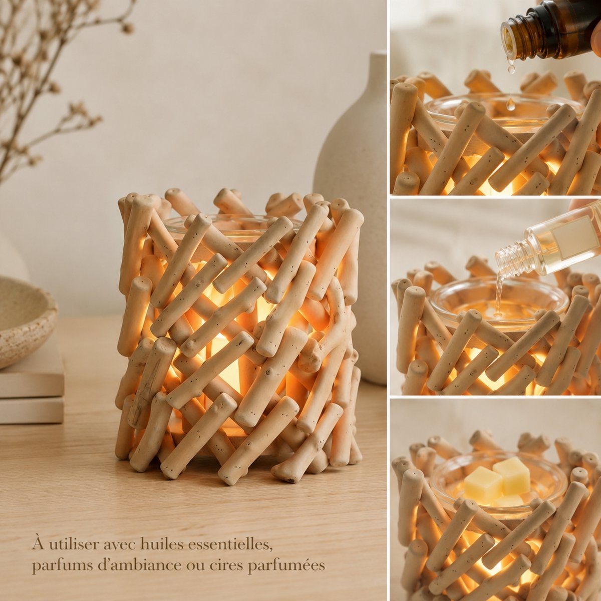 Soft Heat Diffuser – Calorya n°7 – Real Wood and Glass – Scents, Scented Waxes and Essential Oils – Decorative and Warm