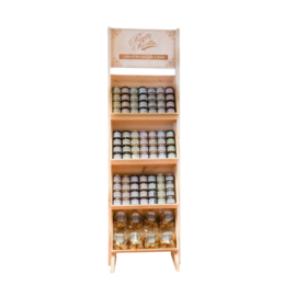 Wooden display unit with multiple shelves for organizing and showcasing various products.